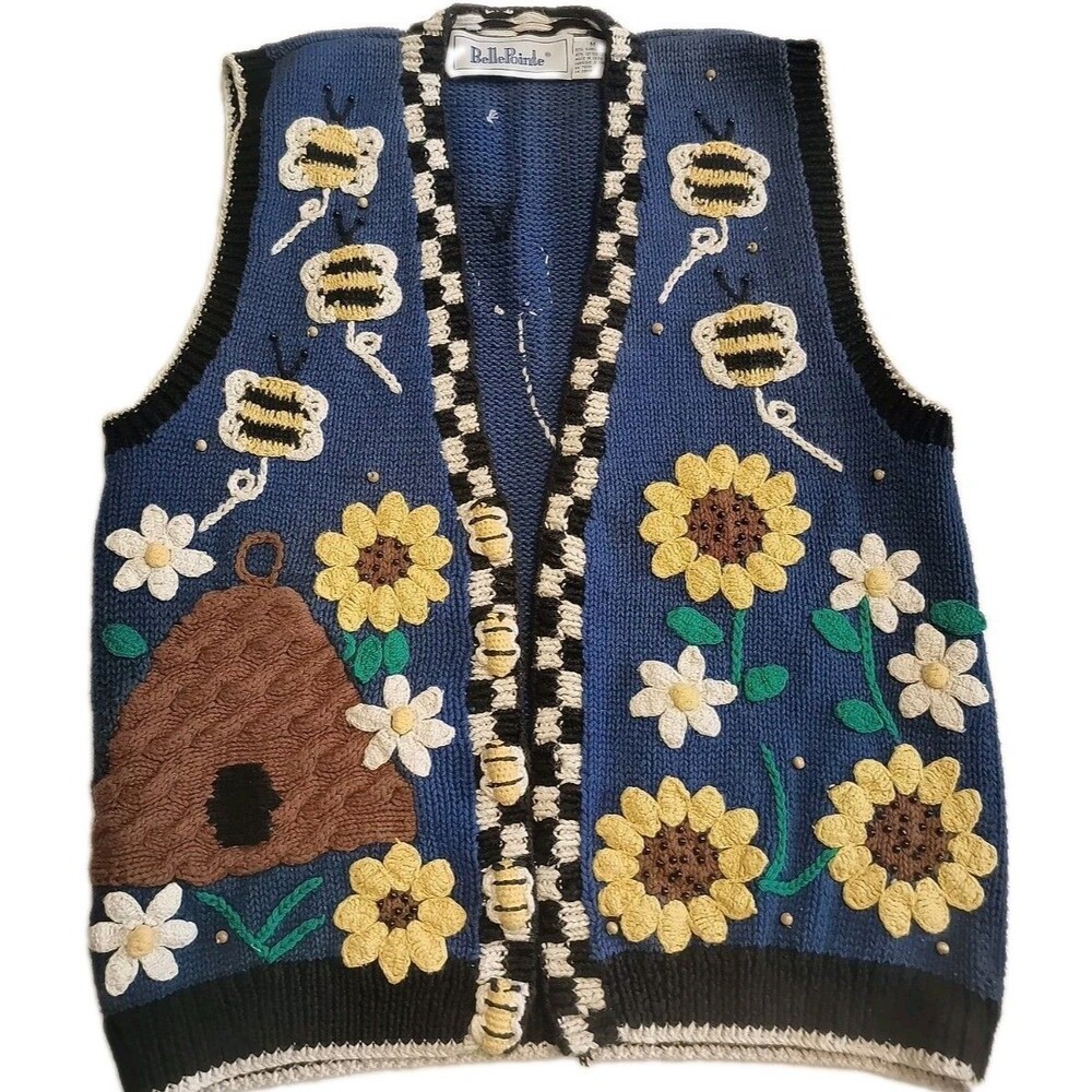 Vintage Bellepointe Bees Floral Royal Blue Embroidered knit Sweater Vest Size M